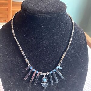 Black and Blue Statement Necklace with faux Turquoise Pendant